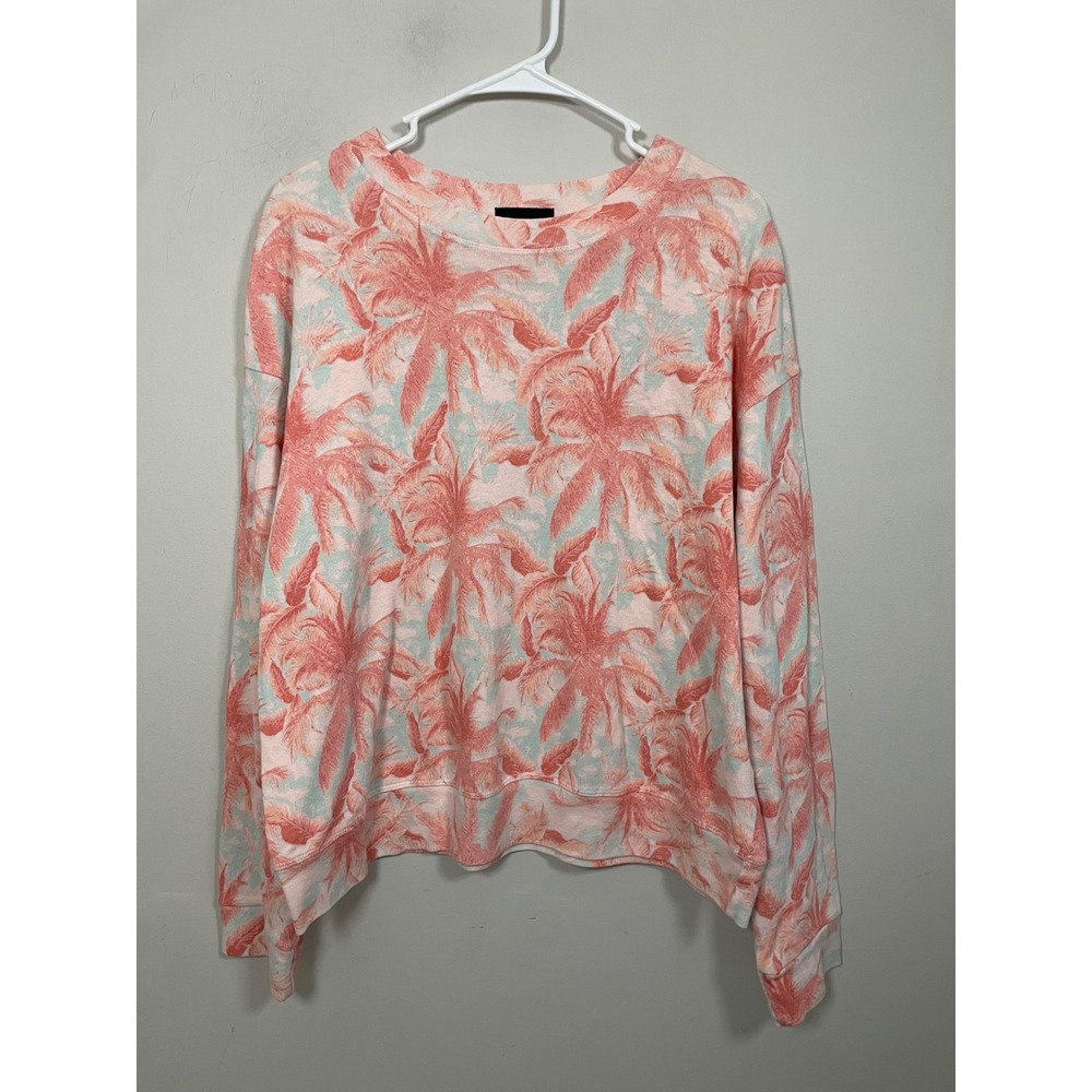 Monrow Tropical Palm Print Pink Crewneck Sweatshirt Size Large Loungewear Casual